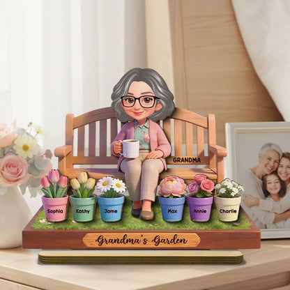 Personalized 2-Layer Wooden Plaque Grandma's Garden Bench Scene for Grandma, Sweet Family Keepsake Gift