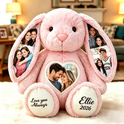 Multi-Print Plush Bunny With Love You Always Photo Collage, Cozy Bedroom Keepsake, Unique Creative Gift for Partner