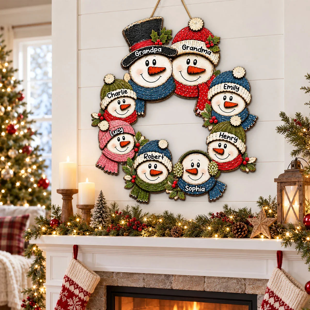 Personalized Wooden Sign, Rustic Snowman Family Wreath for Door or Porch, Unique Christmas Gift for Grandparents