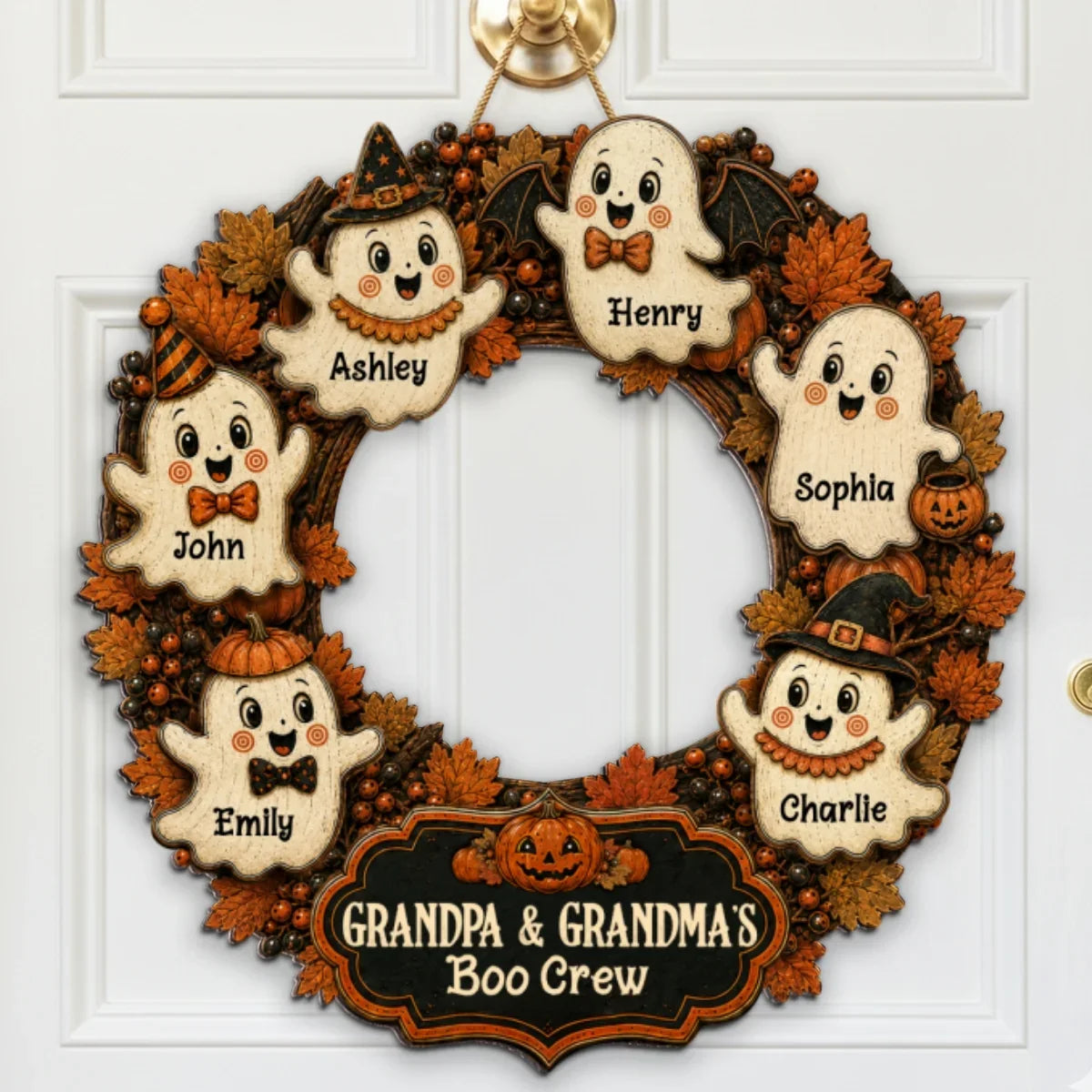 Personalized Halloween Wooden Sign, Retro Ghost Wreath Decor, Unique Gift for Grandma & Grandpa