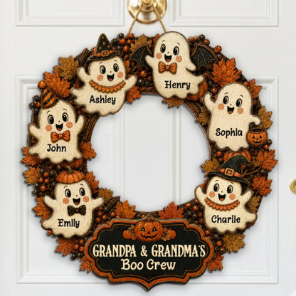 Personalized Halloween Wooden Sign, Retro Ghost Wreath Decor, Unique Gift for Grandma & Grandpa