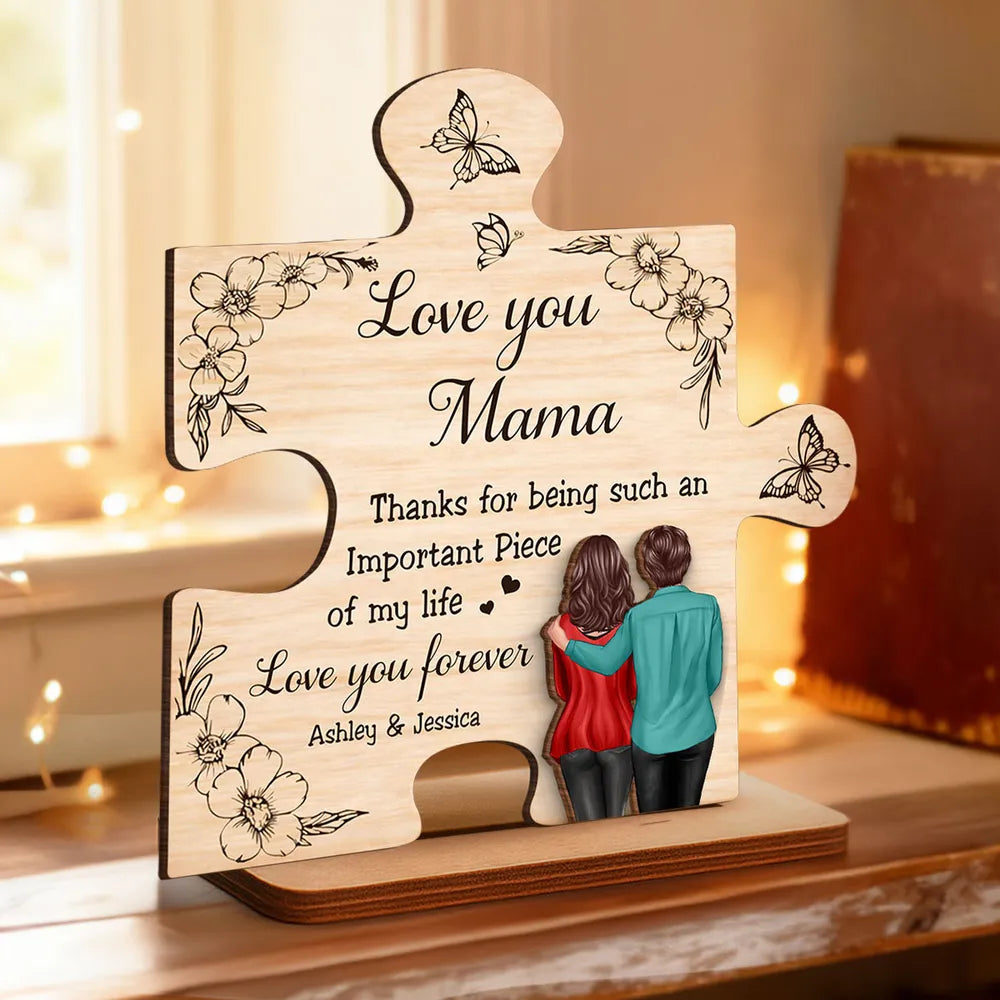 2-Layer Wooden Plaque Puzzle Piece Gift for Mom, Love You Mama Design, Warm Floral Butterfly Decor, Unique Thank You Gift