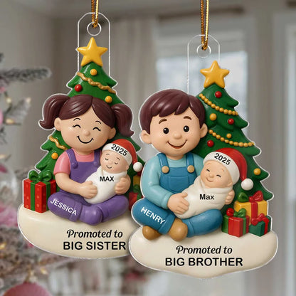 Personalized Acrylic Ornament, Big Sister or Big Brother Holding a New Baby by a Christmas Tree, Unique Sibling Gift
