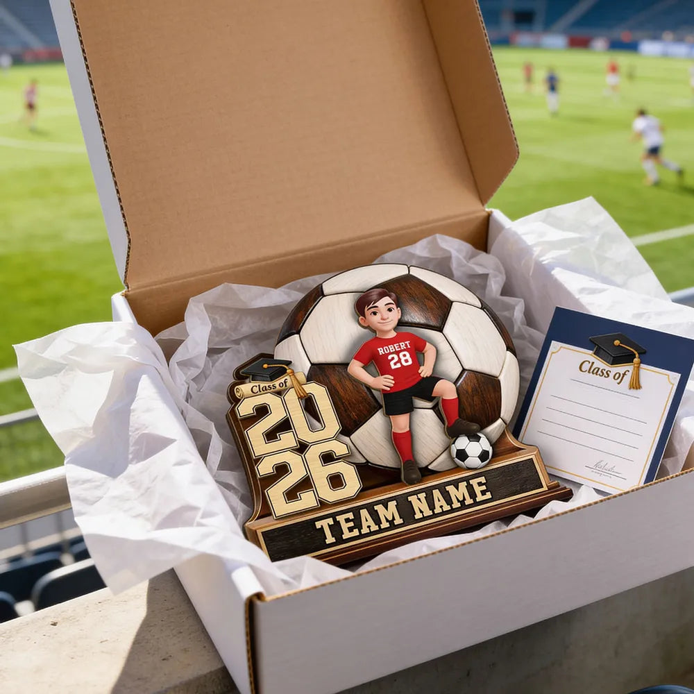 Personalized Soccer Graduation 2-Layer Wooden Plaque for Son or Daughter, Field-Ready Keepsake, Unique Gift