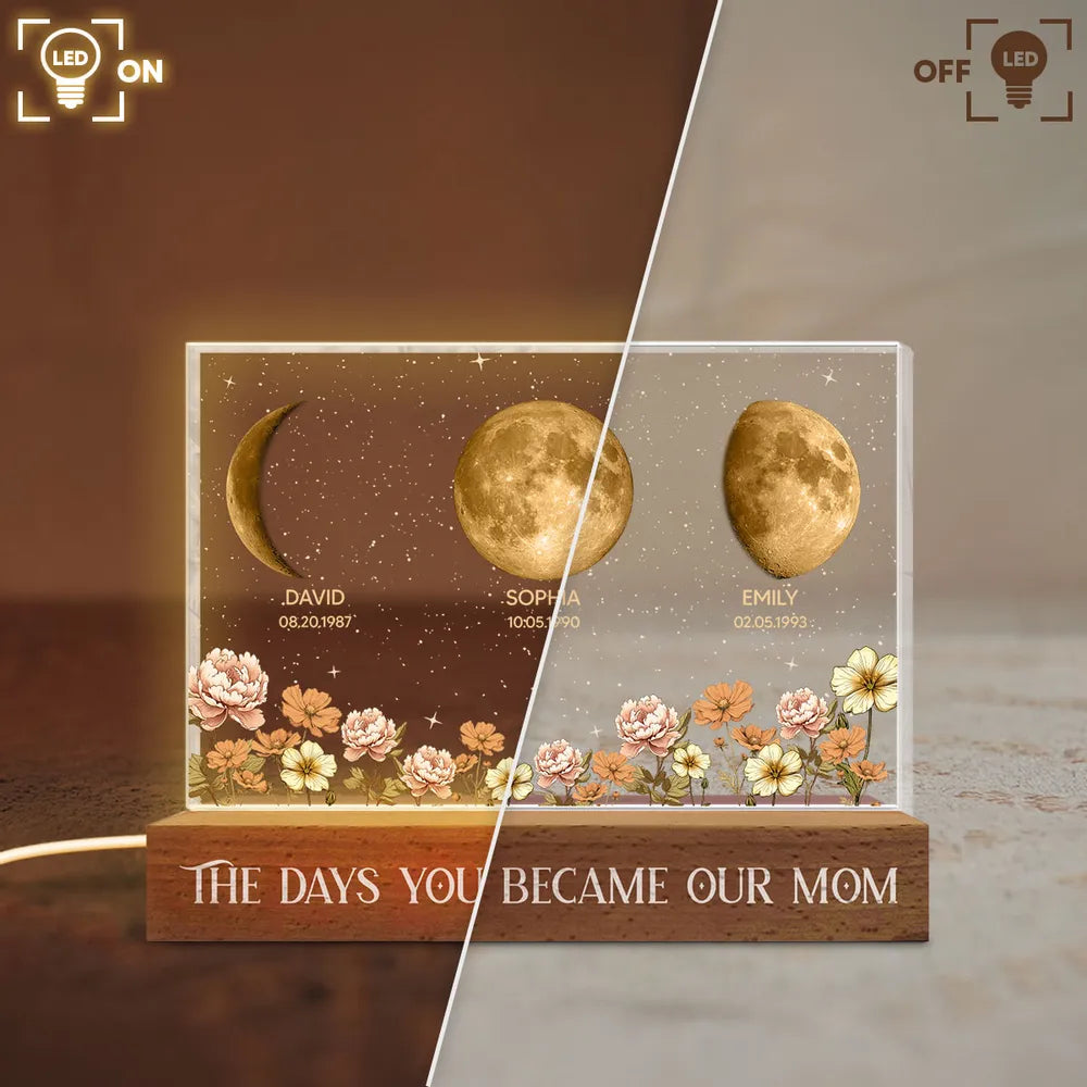 The Days You Became Our Mom Block LED Light Plaque, Custom Night Light for Bedroom or Office Desk, Meaningful Gift