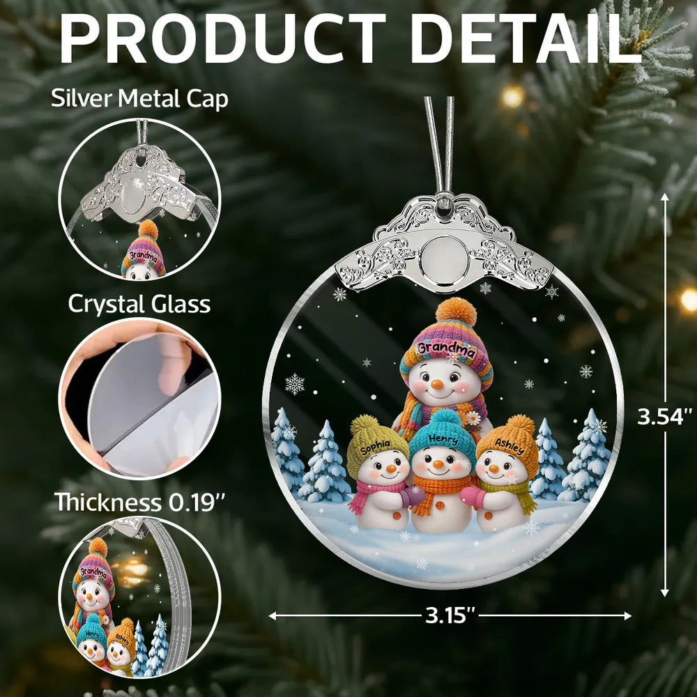 Snowman Family Silver Capped Glass Ornament – Heartwarming Holiday Gift for Grandma & Loved Ones