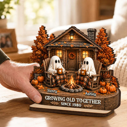 Personalized 2-Layer Wooden Plaque, Ghost Couple by Campfire, Unique Halloween Gift for Couples