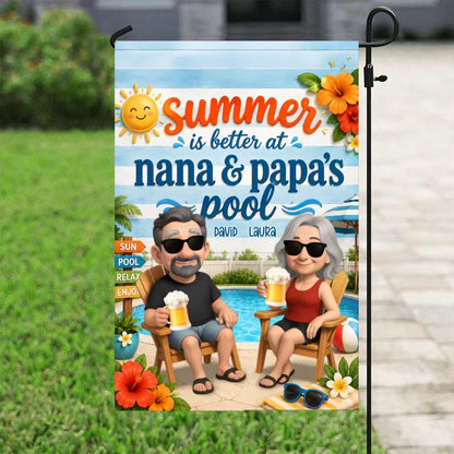 Personalized Garden Flag with Poolside Cartoon Grandparents, Unique Summer Gift for Nana & Papa
