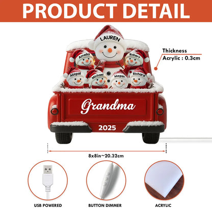Custom Snowman Grandma & Grandkids Acrylic Light Box, Festive Red Truck Bedroom Lamp and Unique Holiday Gift for Family