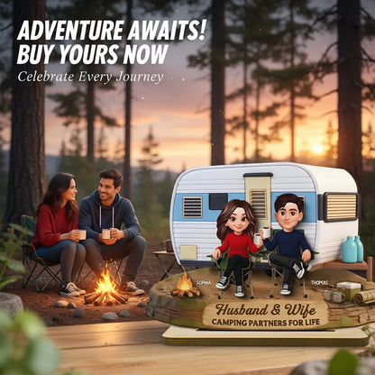 2-Layer Wooden Plaque Personalized for Husband & Wife, Cute Camper Scene Gift That Celebrates Partners for Life