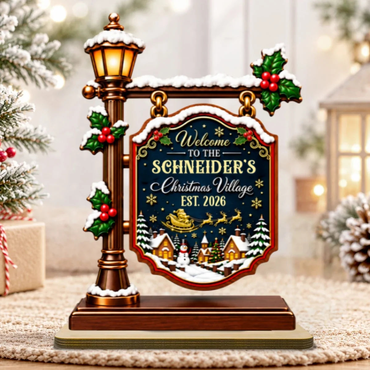 2-Layer Wooden Plaque, Personalized Snowy Christmas Village Keepsake, Creative Gift for Parents & Grandparents
