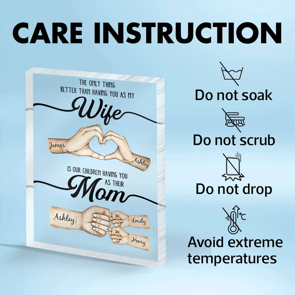 Rectangle Acrylic Block Plaque Personalized for Wife, Sweet Mom Keepsake with Hand Heart and Fist Bump Art, Unique Gift