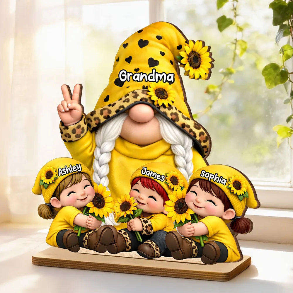 Personalized 2-Layer Wooden Plaque Grandma & Grandkids Gnome With Sunflowers for Living Room Display - Unique Gift for Grandma