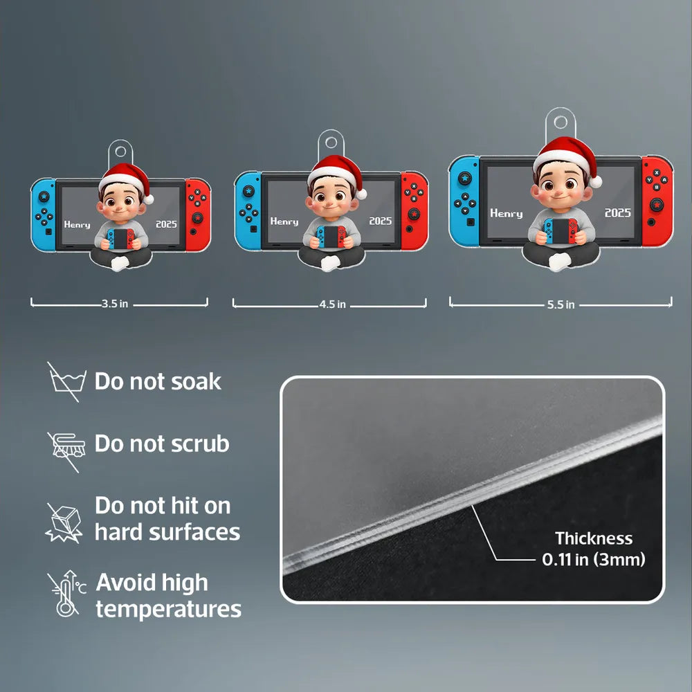 Personalized Acrylic Ornament with Cute Gamer Child Holding Console, Unique Christmas Gift for Son