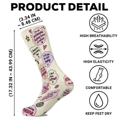 Personalized Crew Socks with Cheeky Self Love Quotes, Unique Gift for Women, Fun Confidence Boost