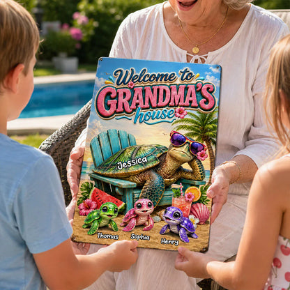 Rectangular Iron Sign for Grandma, Personalized Turtle Family Beach Scene, Creative Gift for Her