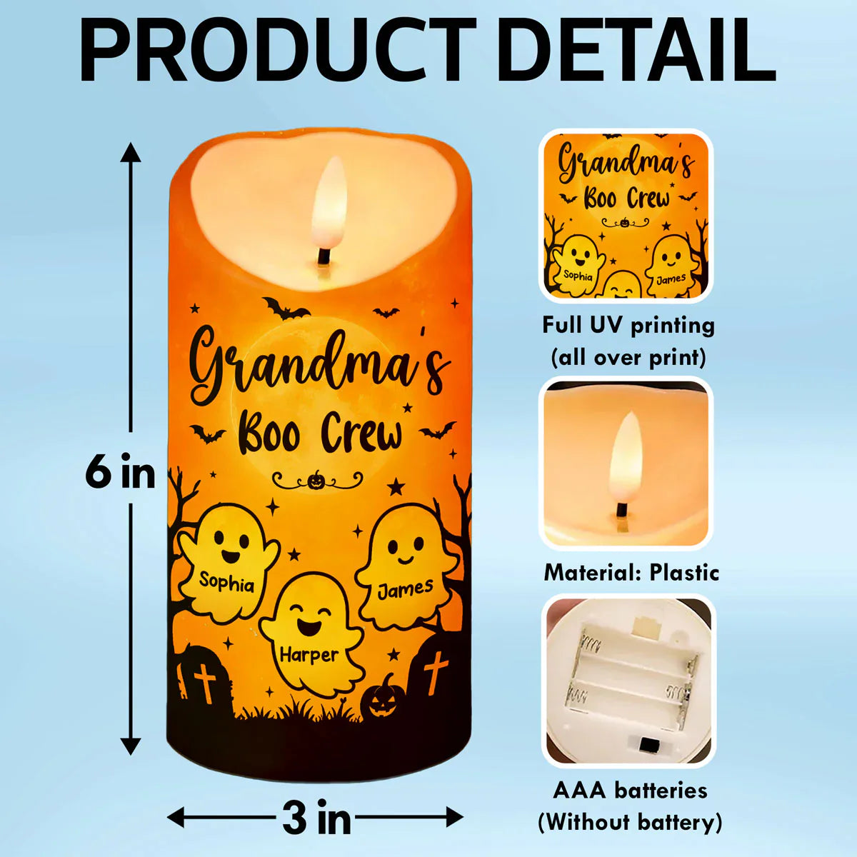 Grandma's Boo Crew Personalized Flameless LED Candle, Halloween Decor, Unique Gift for Grandma