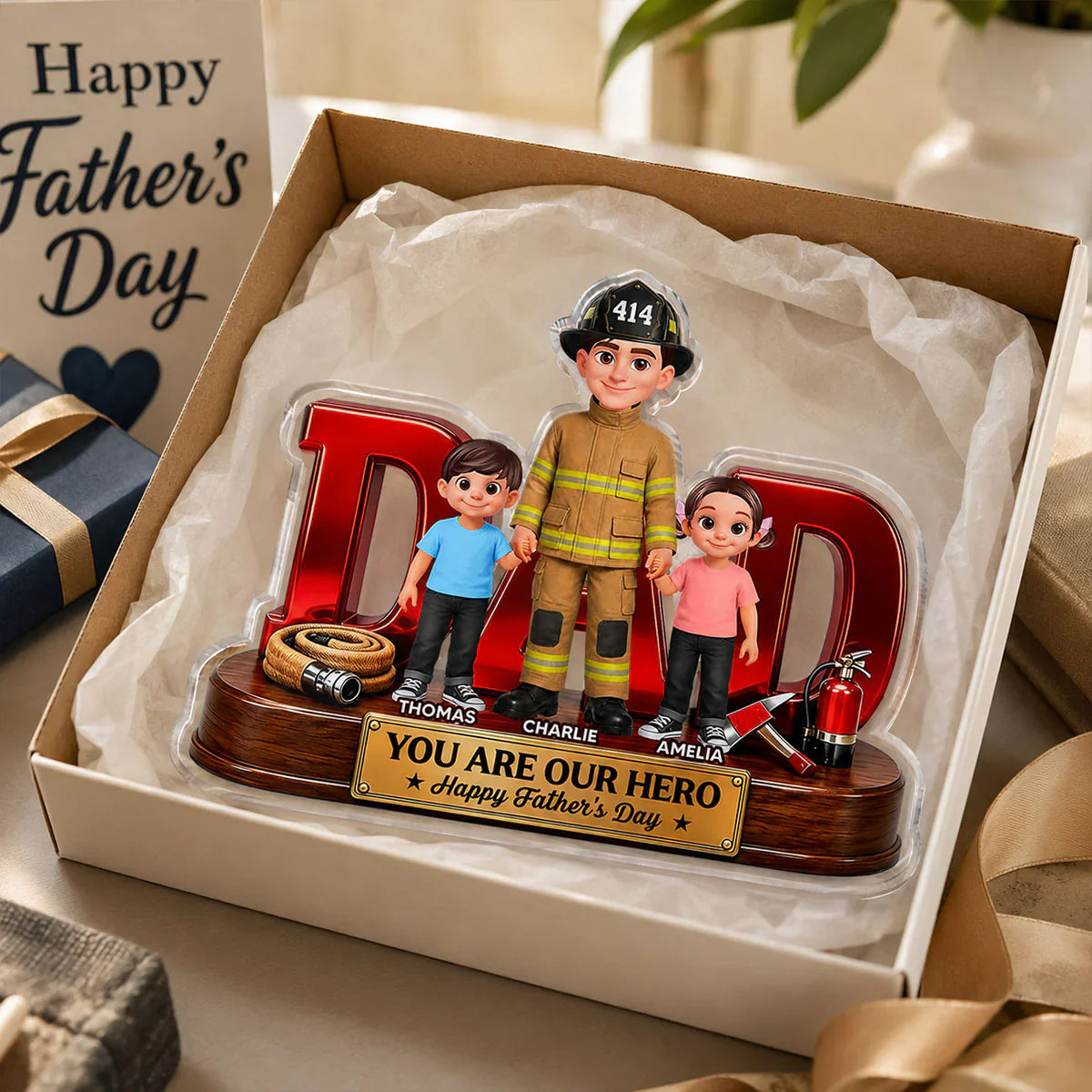 Acrylic Block Plaque with Firefighter Dad Holding Kids, Unique Hero Gift for Dad