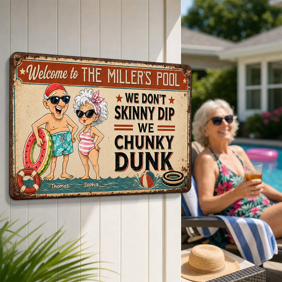 Personalized Rectangular Iron Sign, Vintage Chunky Dunk Pool Decor with Smiling Swimmers, Unique Gift for Pool Owners