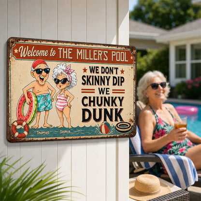 Personalized Rectangular Iron Sign, Vintage Chunky Dunk Pool Decor with Smiling Swimmers, Unique Gift for Pool Owners