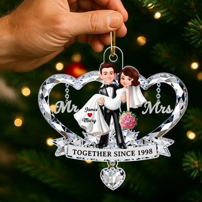 Personalized Acrylic Ornament for Couple, Mr & Mrs Bride in Groom's Arms, Christmas Tree Keepsake Unique Gift