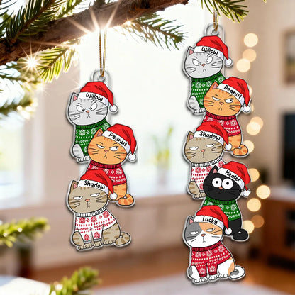 Personalized Acrylic Ornament with Stacked Christmas Cats, Cute Festive Decor & Unique Gift for Cat Lovers