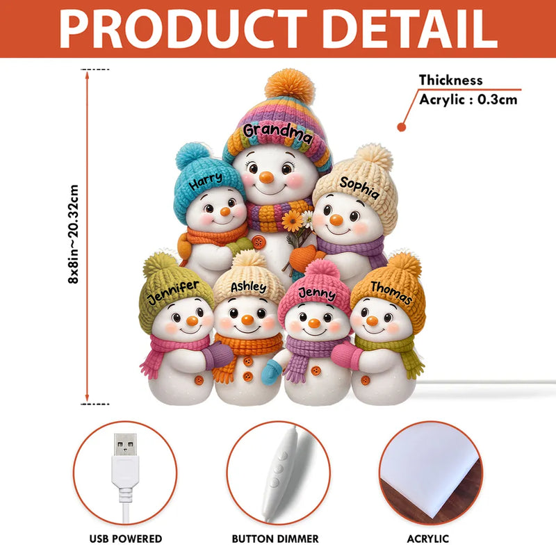 Personalized Snowman Family Acrylic Light Box with soft lighting, heartfelt winter gift for parents or loved ones