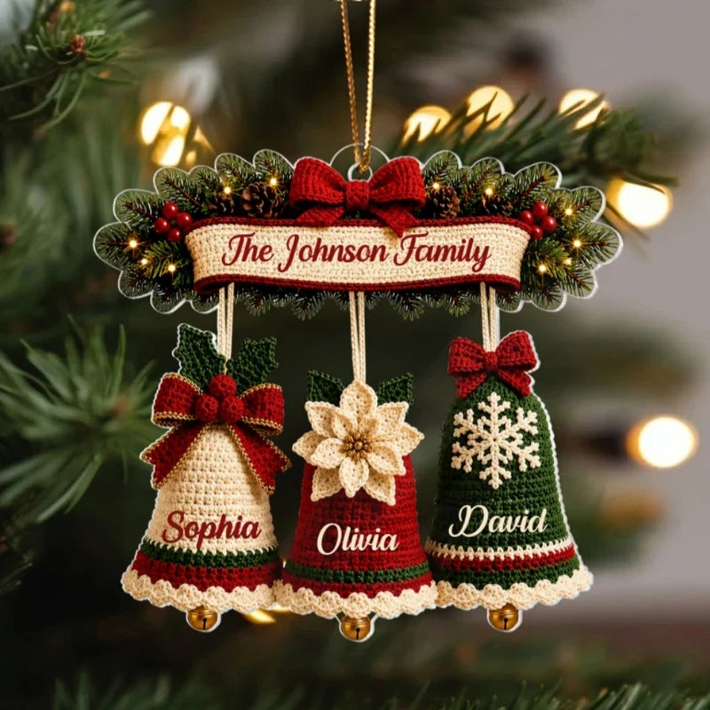 Personalized Acrylic Ornament, Custom Family Christmas Bells in Red and Green, Unique Gift for Mom and Family
