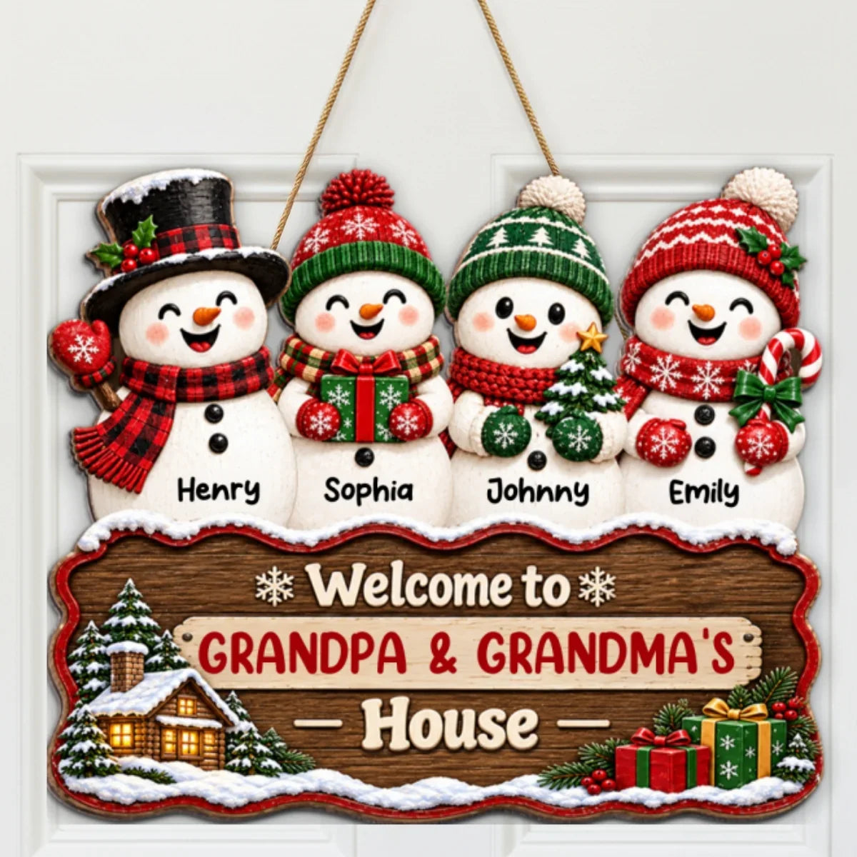 Personalized Snowman Family Wooden Sign, Snowy Cabin Door Decor, Unique Creative Gift for Grandparents