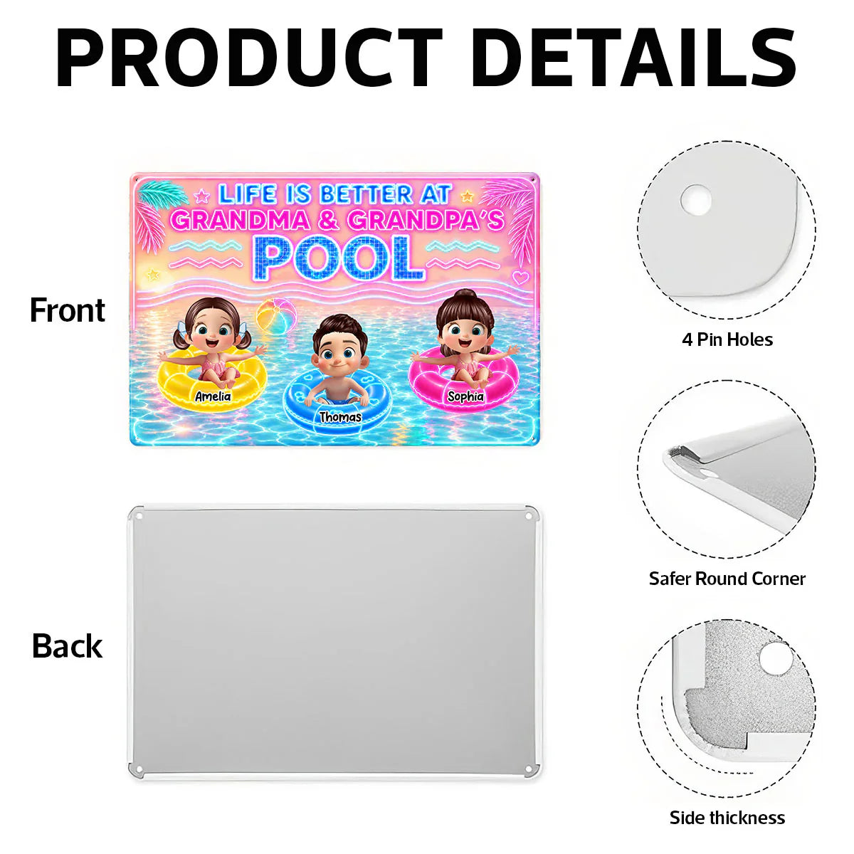 Custom Rectangular Iron Sign with Cartoon Kids in Pool, Creative Backyard Gift for Grandparents