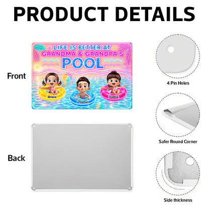 Custom Rectangular Iron Sign with Cartoon Kids in Pool, Creative Backyard Gift for Grandparents