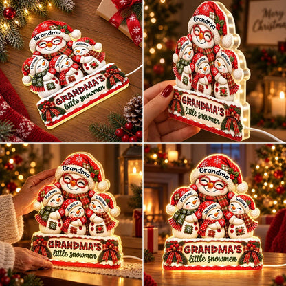 Personalized Acrylic Light Box, Smiling Grandma and Little Snowmen Christmas Scene, Unique Gift for Grandma