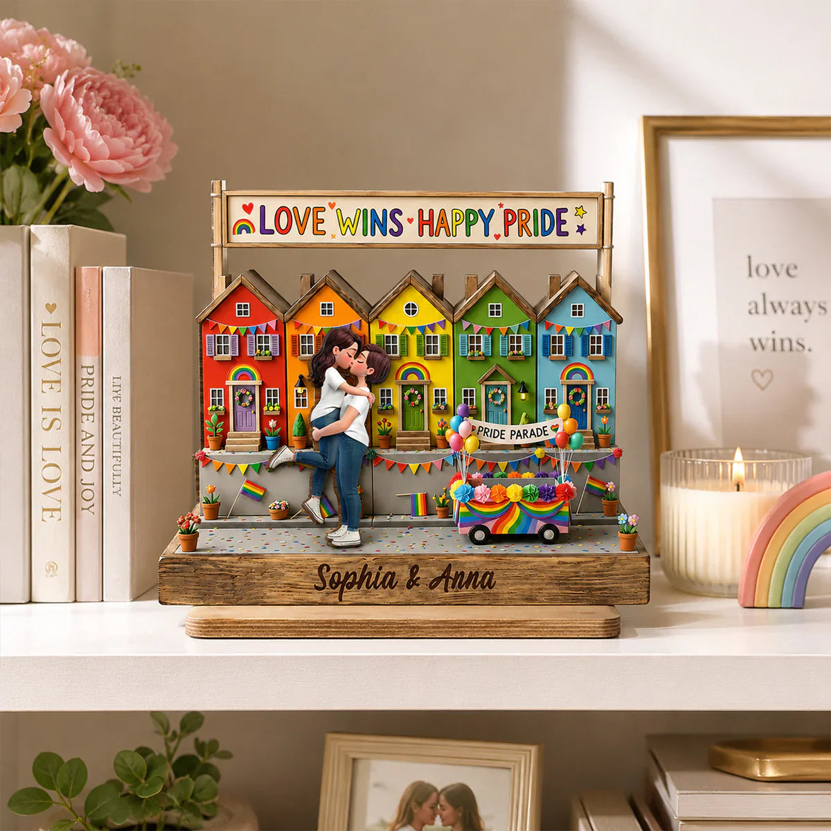 LGBT 2-Layer Wooden Plaque, Love Wins Rainbow Houses & Kissing Couple, Creative Gift for Partner