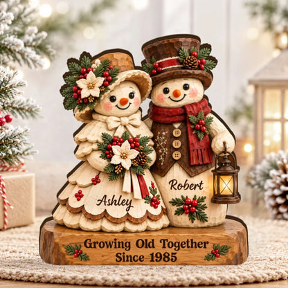 Growing Old Together Wooden Plaque, Personalized Cozy Snowman Couple, Creative Christmas Gift for Partners