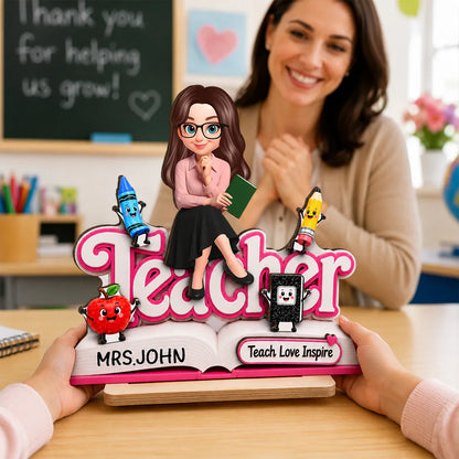 Custom 2-Layer Wooden Plaque, Cute Cartoon Teacher With Book, Creative Gift for a Caring Educator