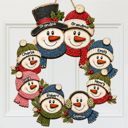 Personalized Wooden Sign, Rustic Snowman Family Wreath for Door or Porch, Unique Christmas Gift for Grandparents