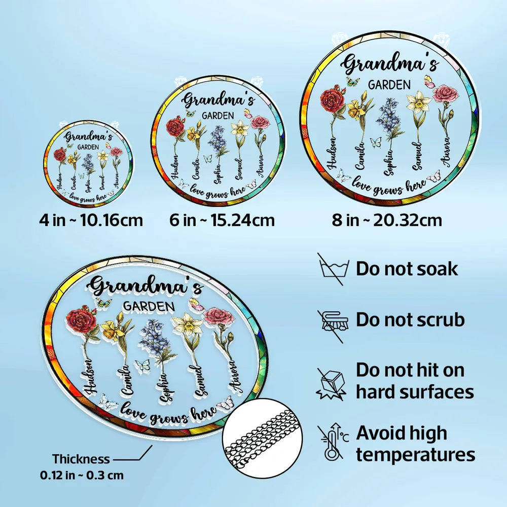 Grandma's Garden Love Grows Here Acrylic Suncatcher Ornament - Sunlight Reflection Window Decor, Thoughtful Personalized Gift