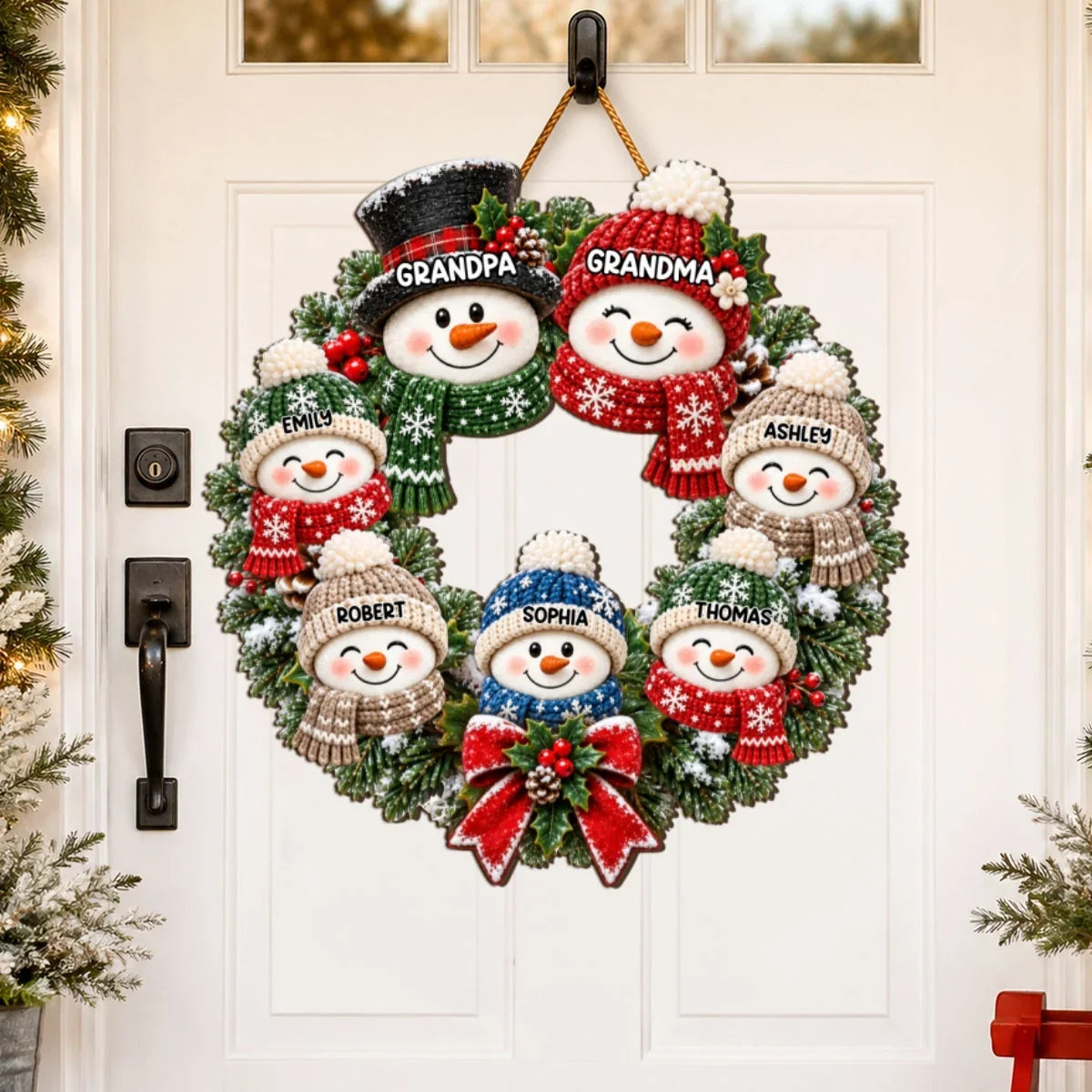 Personalized Wooden Sign with Cute Snowman Family Wreath, Unique Christmas Door Gift for Grandparents