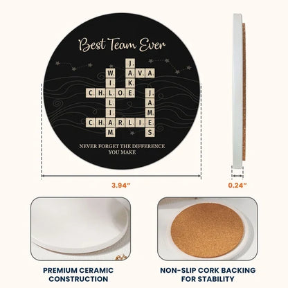 Personalized Round Ceramic Coaster with Team Crossword Design, Unique Coworker Gift for Office Desks