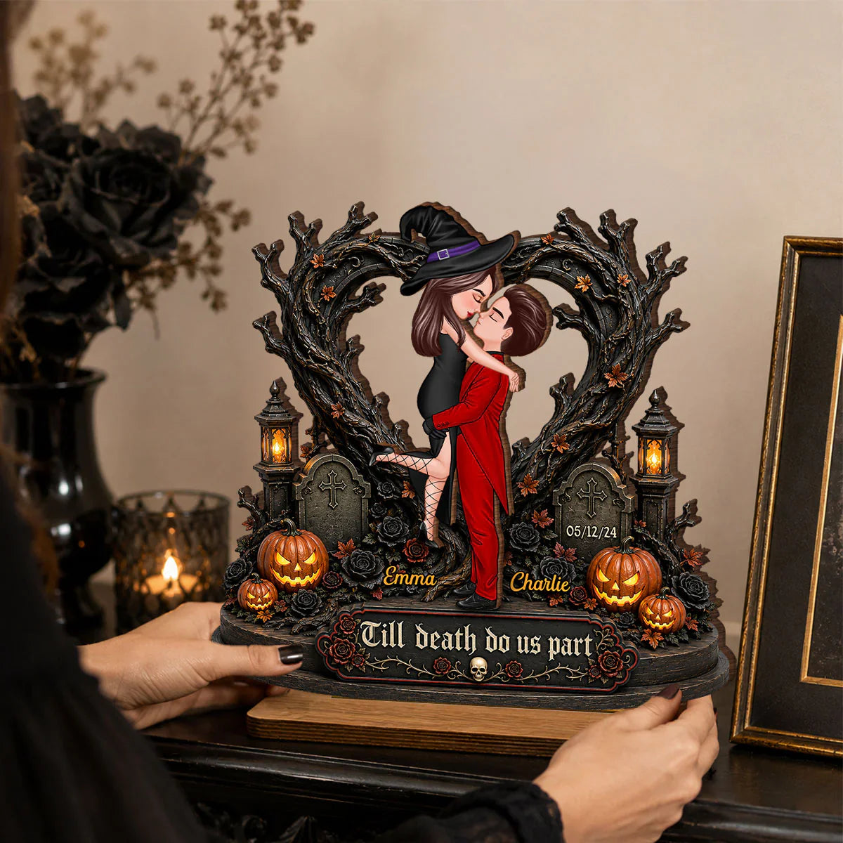 Personalized 2-Layer Wooden Plaque, Kissing Witch Couple Halloween Decor, Unique Gift for Couples