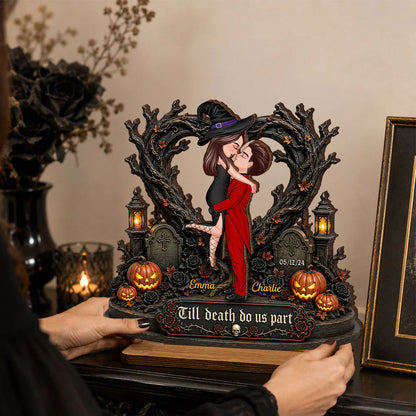 Personalized 2-Layer Wooden Plaque, Kissing Witch Couple Halloween Decor, Unique Gift for Couples