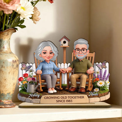 Personalized 2-Layer Wooden Plaque with Couple in Garden Rocking Chairs, Growing Old Together Unique Gift for Husband or Wife