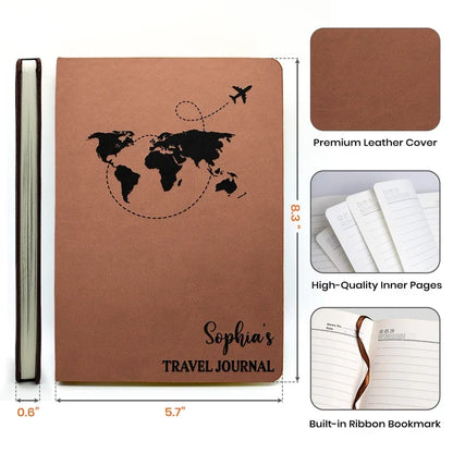 Personalized Leather Journal for Travel Memories with Compass and Luggage Art, Creative Gift for Friends