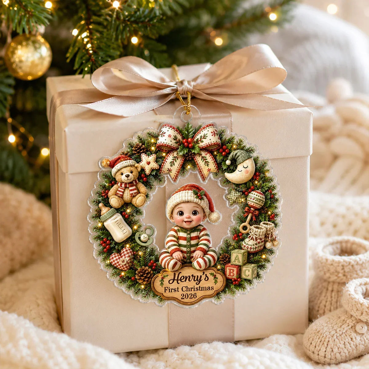 Personalized Acrylic Ornament, Cute Cartoon Baby in Christmas Wreath, Unique First Christmas Gift for New Parents