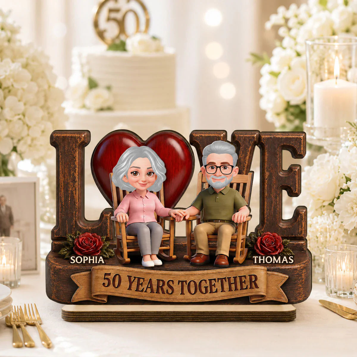 Personalized 2-Layer Wooden Plaque, Senior Couple Holding Hands, Unique Anniversary Gift