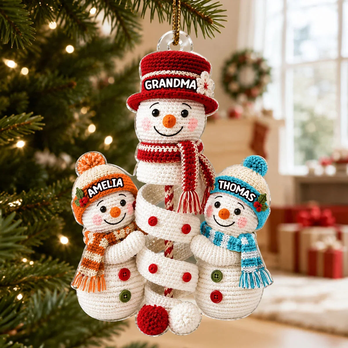 Personalized Acrylic Ornament, Crochet-Style Grandma and Grandkids Building a Snowman, Unique Christmas Gift