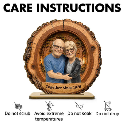 Personalized 2-Layer Wooden Plaque, AI Woodcut Style Hugging Couple Portrait, Unique Gift for Partner