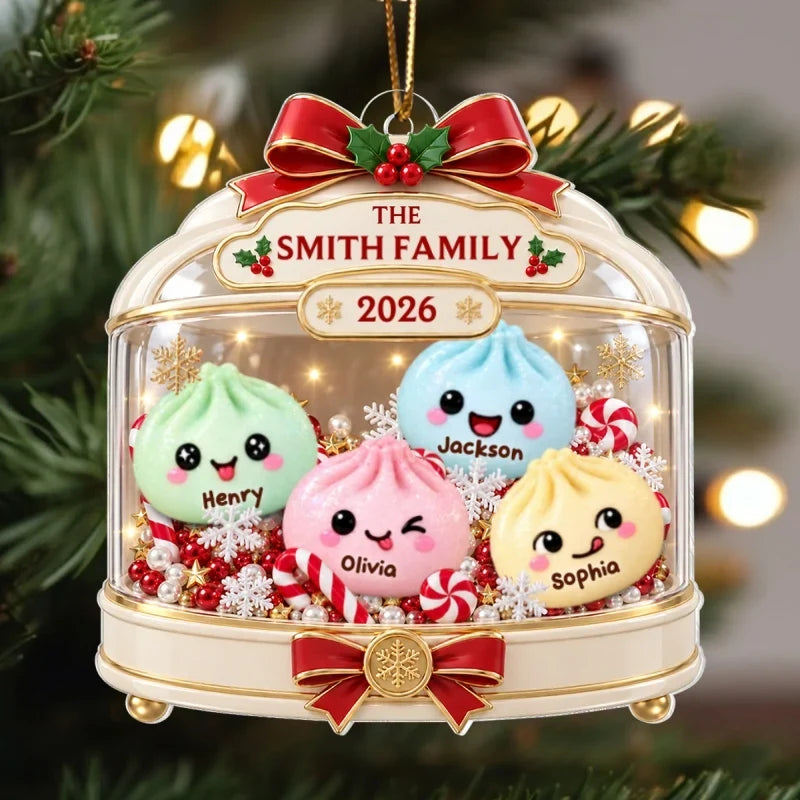 Personalized Acrylic Ornament, Cute Dumpling Family Snow Globe for Christmas Tree Decor, Unique Gift for Families