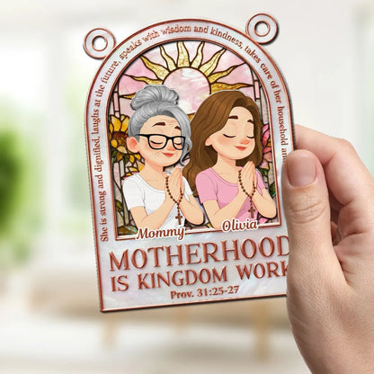 Wood and Acrylic Layered Ornament Personalized for Mom, Motherhood Is Kingdom Work Quote, Sweet Faith Filled Gift With Warm Color