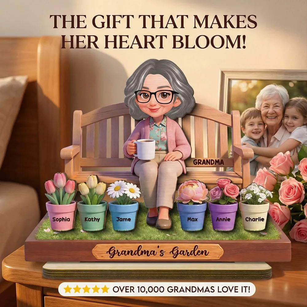 Personalized 2-Layer Wooden Plaque Grandma's Garden Bench Scene for Grandma, Sweet Family Keepsake Gift